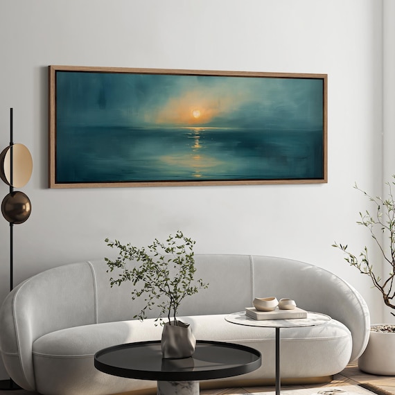 Minimalist Ocean Sunset Wall Art, Large Framed Blue and Gold