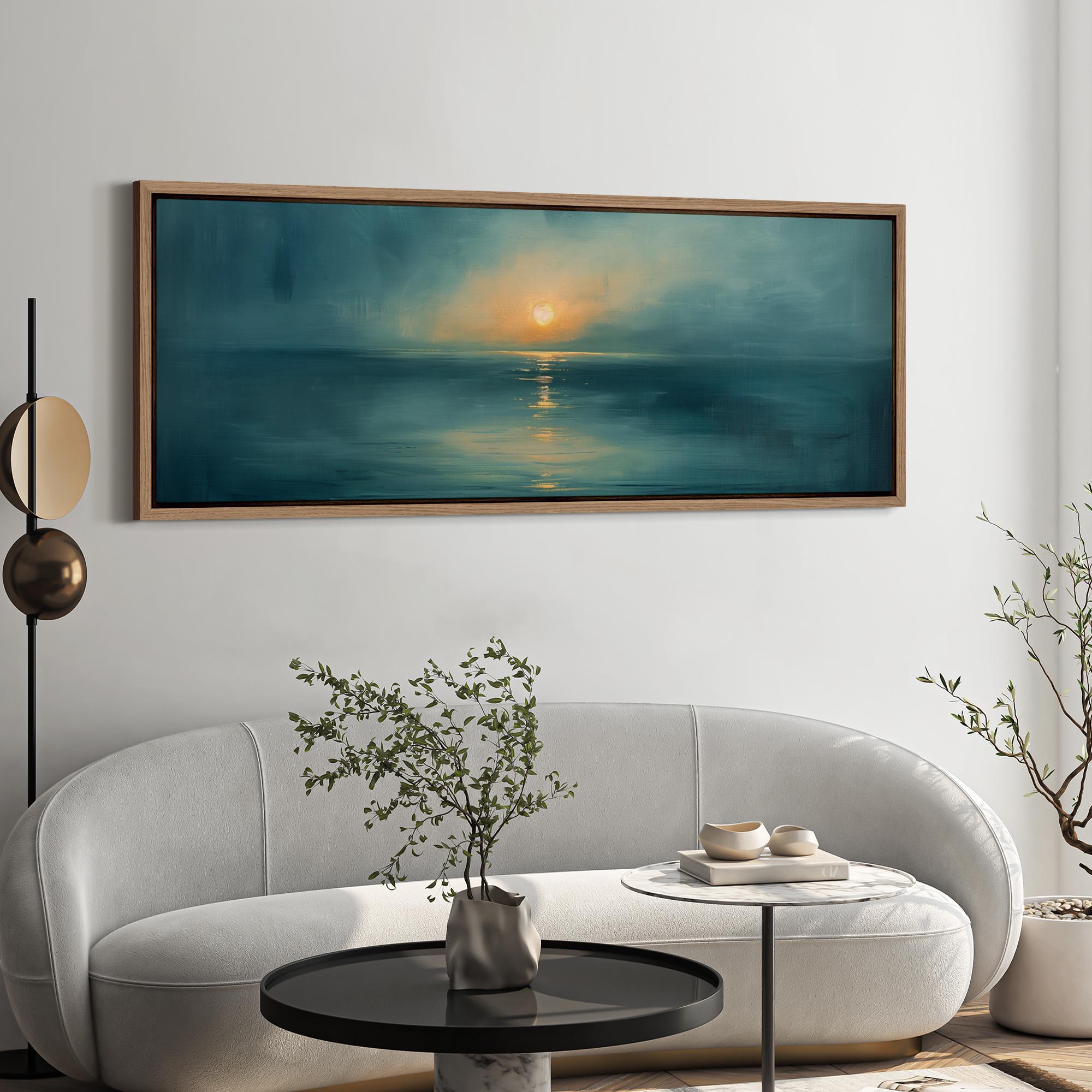Minimalist Ocean Sunset Wall Art, Large Framed Blue and Gold