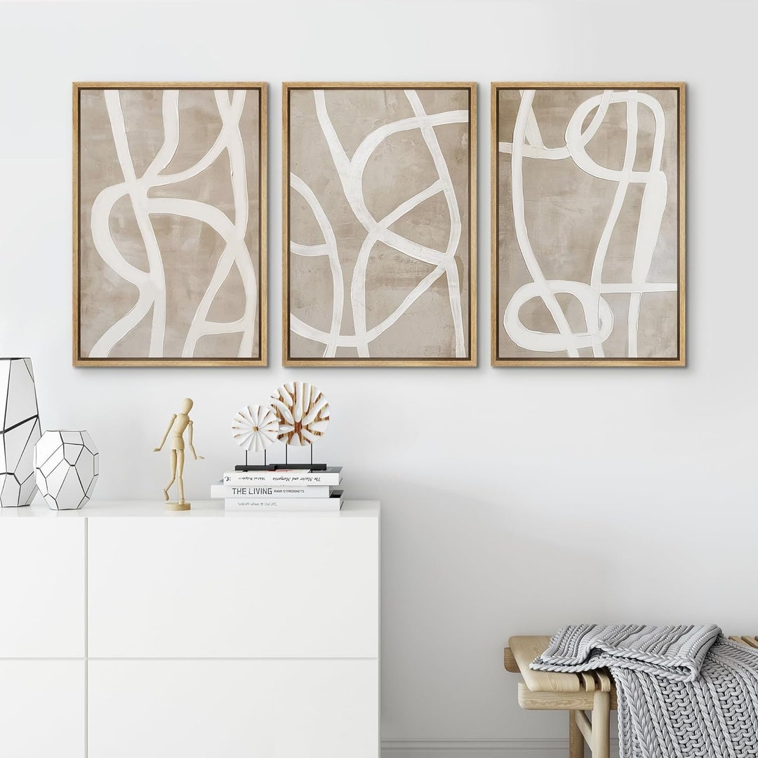 3 Pieces Framed Canvas Wall Art Prints Abstract Beige Brown Geometric ...