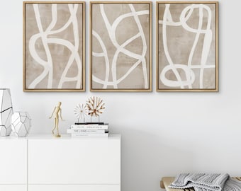 3 Pieces Framed Canvas Wall Art Prints Abstract Beige Brown Geometric Line Art Print Minimalist Modern Neutral Wall Decor