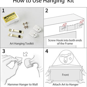Puede incluir: Una gu&iacute;a paso a paso sobre c&oacute;mo usar un kit para colgar cuadros. La imagen muestra los componentes del kit, incluyendo tornillos, ganchos y colgadores de pared. Las instrucciones incluyen atornillar los ganchos en el marco, clavar el colgador en la pared y fijar la obra de arte.