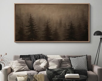 Large Framed Moody Misty Forest Wall Art, Dark Pine Trees Landscape Canvas Print, Neutral Woodland Artwork for Rustic Cabin Decor