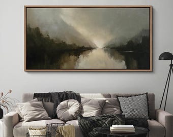 Large Framed Moody Misty Lake Landscape Wall Art, Neutral Foggy Nature Scenic Canvas Print, Contemporary Home Decor