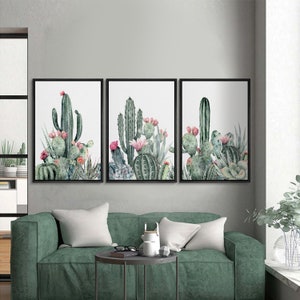 3 Piece Framed Canvas Wall Art Set, Southwest Blooming Cactus Prints, Floral Botanical Art Prints, Minimalist Modern Art, Western Decor image 2
