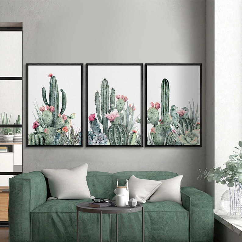 3 Piece Framed Canvas Wall Art Set, Southwest Blooming Cactus Prints, Floral Botanical Art Prints, Minimalist Modern Art, Western Decor image 2