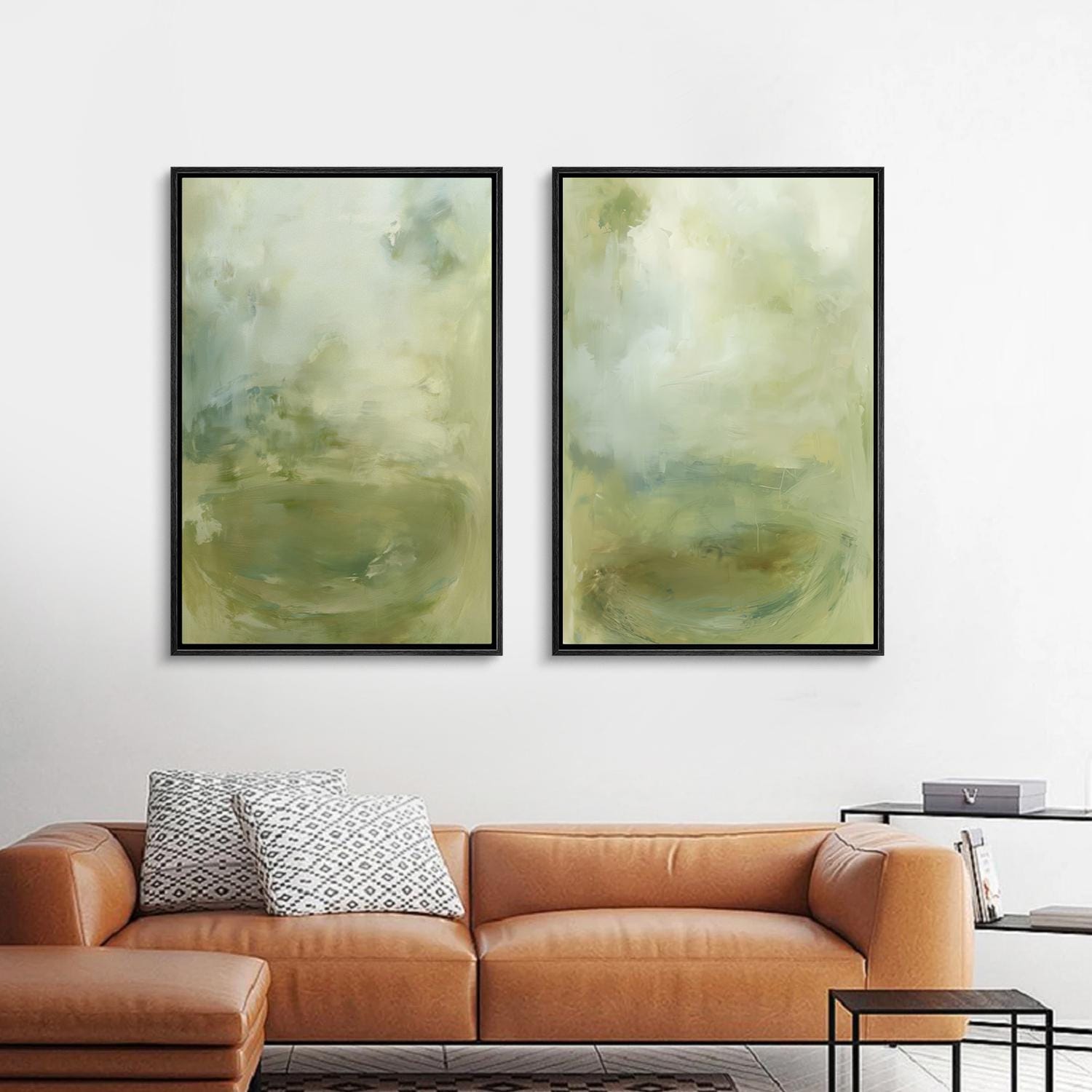 Sage Green Abstract Wall Art Set of 2 - Framed Minimalist Canvas Prints ...