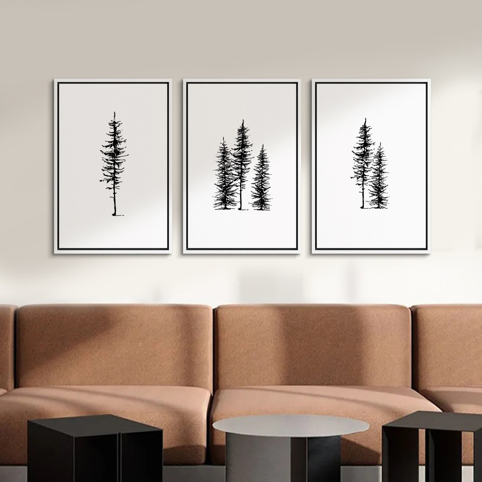 3 Piece Framed Canvas Wall Art Set, Black and White Pine Tree Prints ...