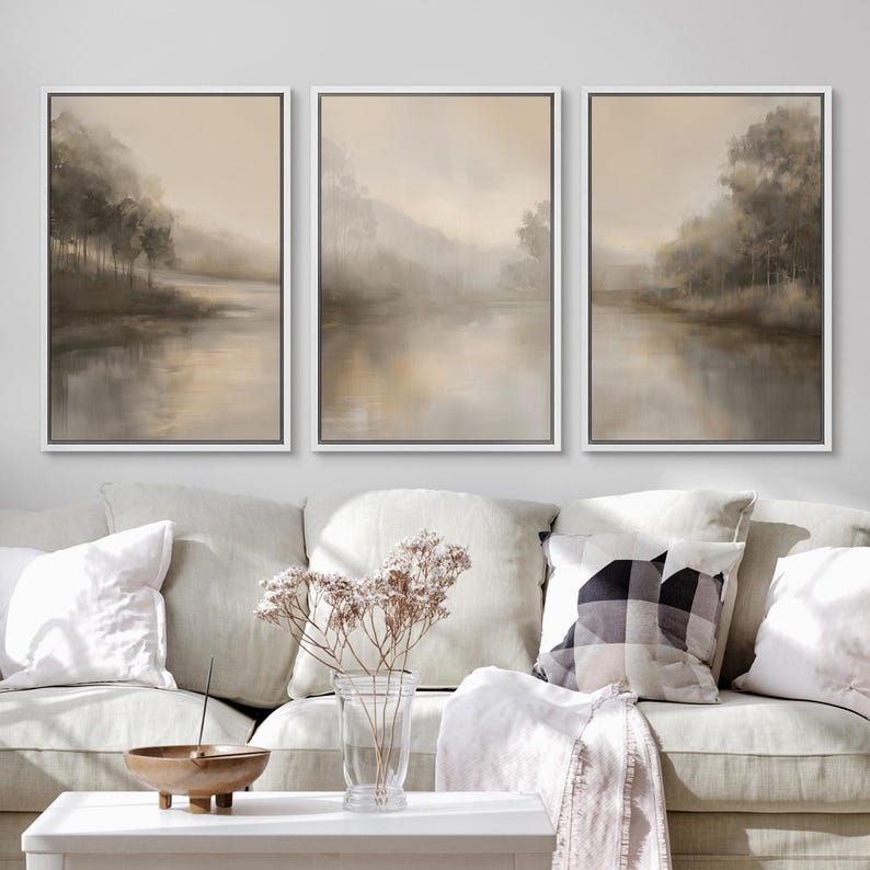 Framed Neutral Misty Forest Landscape Wall Art Set of 3, Minimalist ...