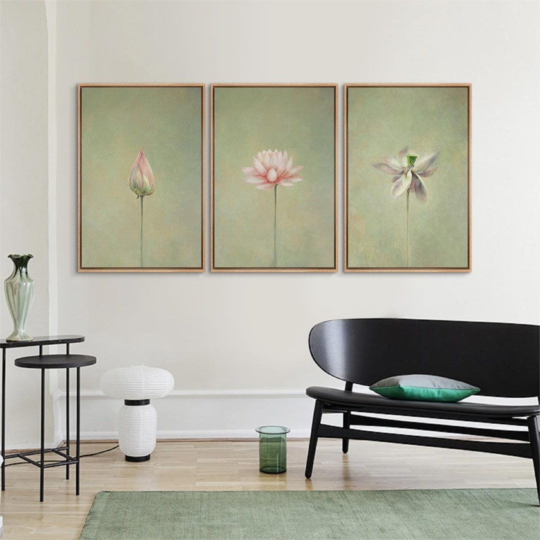 3 Piece Framed Canvas Wall Art Set Green Lotus Blossom Plant Floral ...
