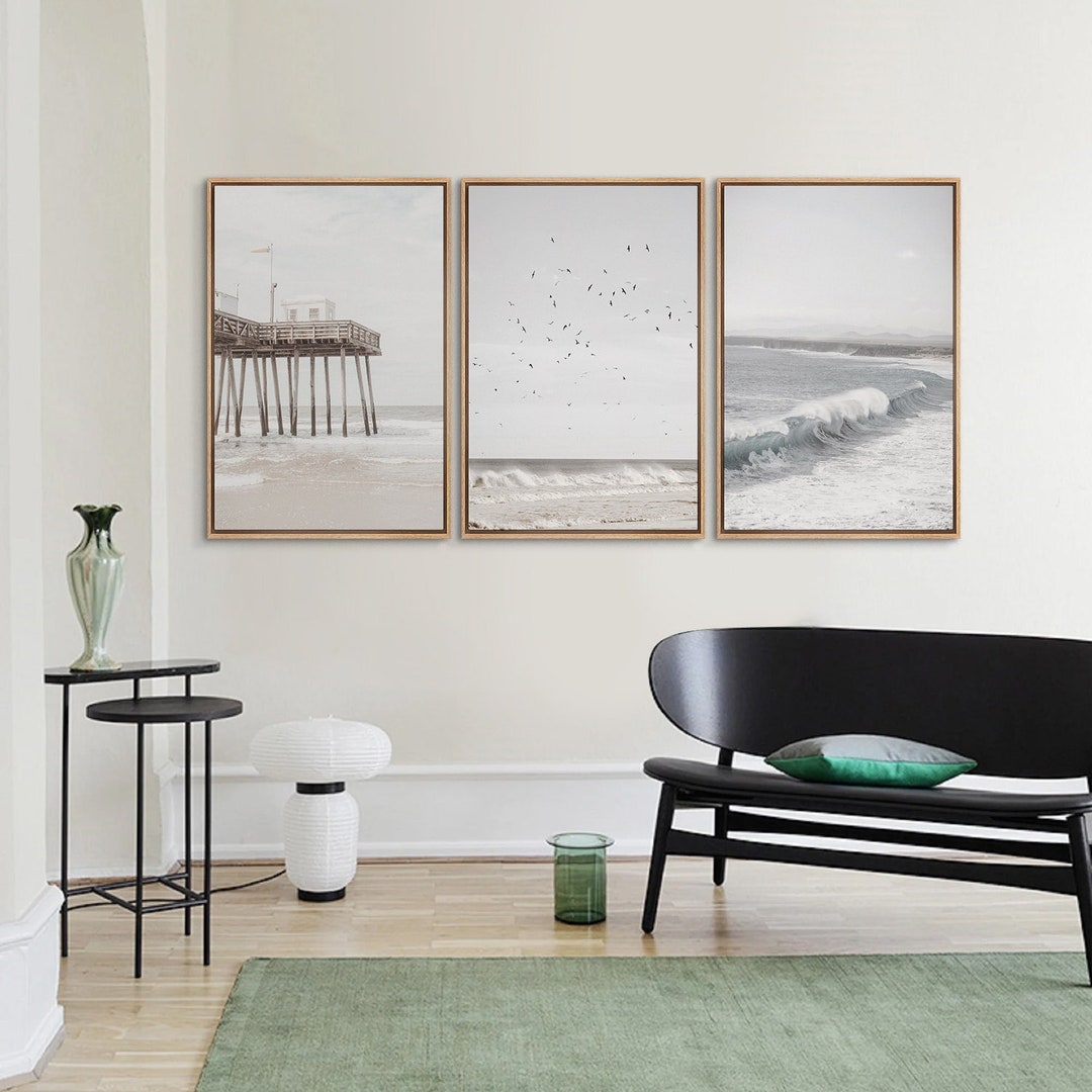 Framed Canvas Wall Art Set Storm Cloud Misty Beach Pier Ocean ...