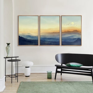 Framed Canvas Wall Art Set 3 Watercolor Yellow Sunrise Blue Mountain Abstract Nature Landscape Artwork Painting Print Minimalist Decor