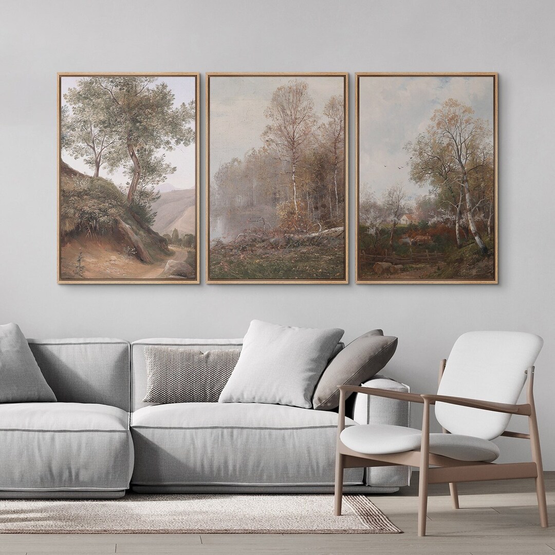 Vintage Framed Canvas Wall Art Print Set, Autumn Forest Meadow Print ...