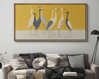Egret Group Wall Art - Large Framed Minimalist Birds Canvas Print, Yellow Background Animal Decor for Modern Living Room or Bedroom