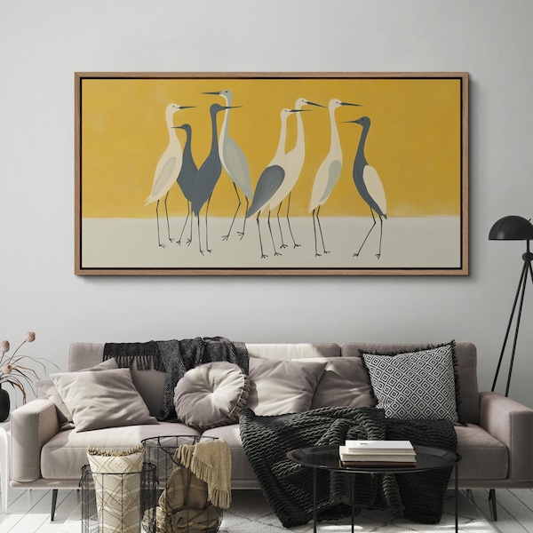 Egret Group Wall Art - Large Framed Minimalist Birds Canvas Print, Yellow Background Animal Decor for Modern Living Room or Bedroom
