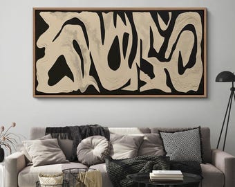 Large Black Cream Abstract Shape Framed Wall Art, Neutral Organic Form Canvas Print, Mid‑Century Living Room Decor