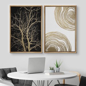 2 Piece Framed Canvas Wall Art Set, Black Gold Abstract Branch Tree Ring Prints, Modern Wall Art Decor, Minimalist Art