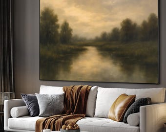 Extra Large Framed Wall Art, Moody Forest Lake Print, Golden Hour Landscape Painting in Soft Earth Tones, Tranquil Farmhouse Decor