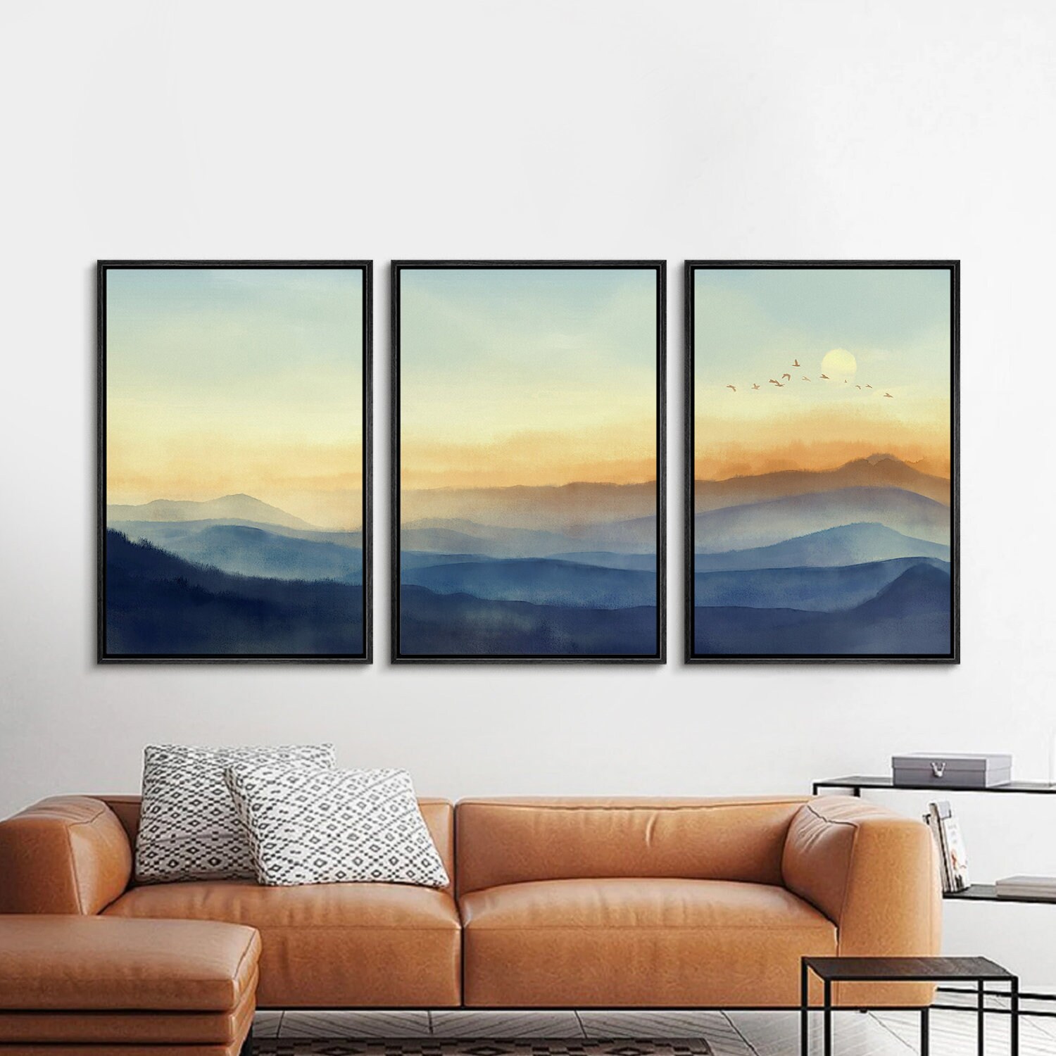 Framed Japandi Sunset Mountain Wall Art, Scandinavian Watercolor