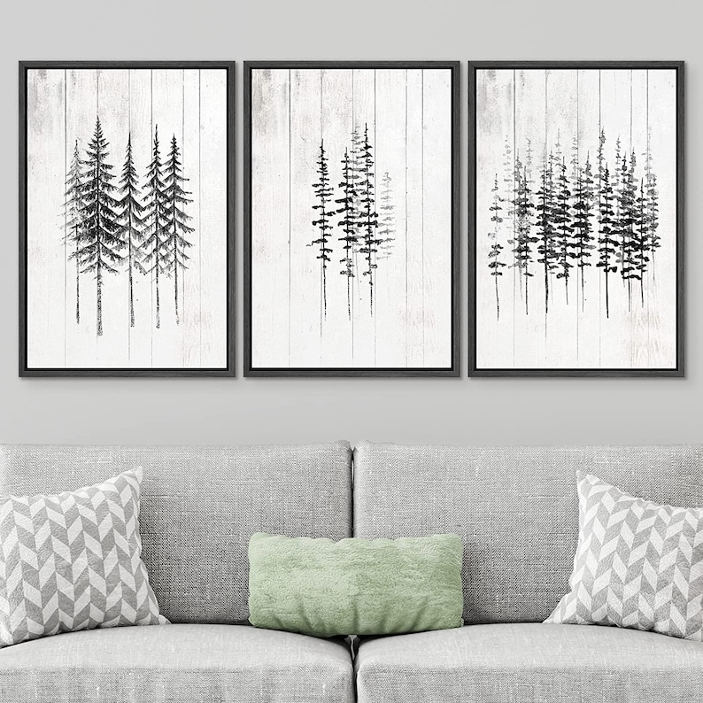 3 Piece Framed Canvas Wall Art Set, Rustic Tree Forest Prints, Black ...