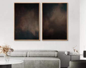 Dark Abstract Cloud Wall Art Set of 2 - Framed Moody Canvas Prints, Neutral Earth Tone Painting, Minimalist Living Room or Bedroom Decor