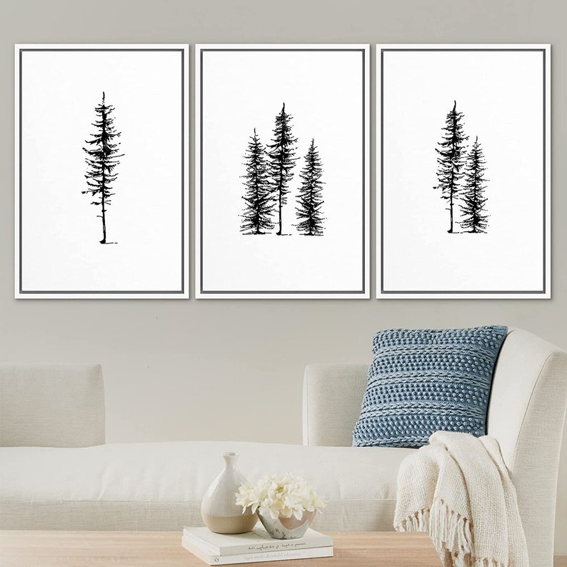 3 Piece Framed Canvas Wall Art Set Black and White Pine Tree - Etsy