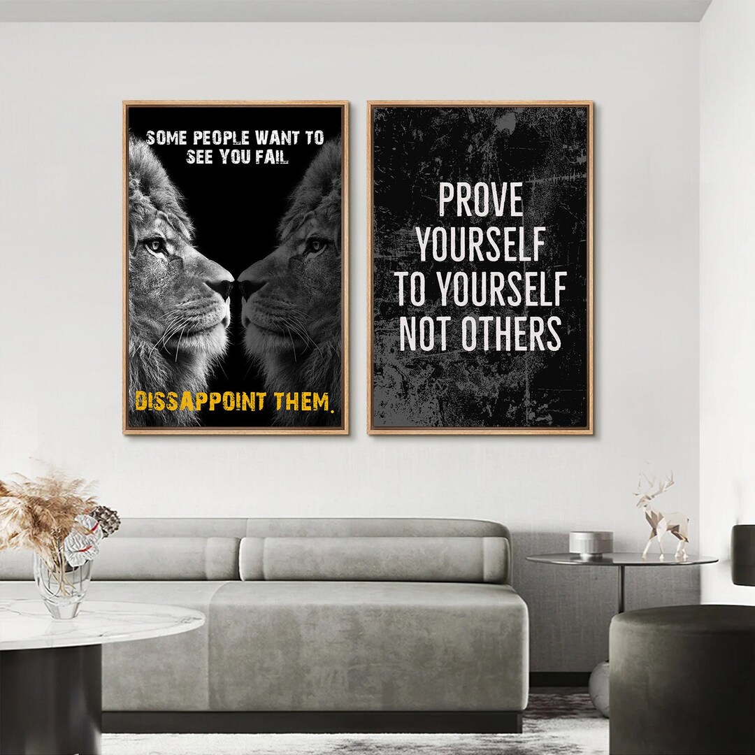Framed Canvas Wall Art Set, Jungle Tropical Lion Portrait, Quote Poster ...
