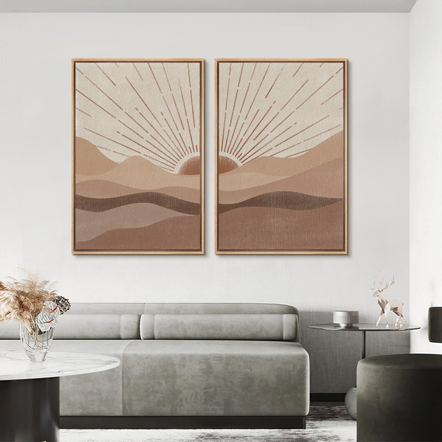 Framed Canvas Wall Art Set of 2, Brown Sun Light Mountain