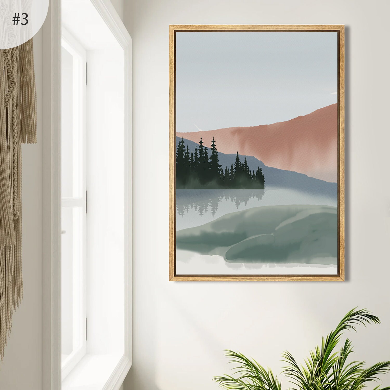 Framed Canvas Wall Art Set of 3 Navy Blue Mountain Forest Prints Lake ...