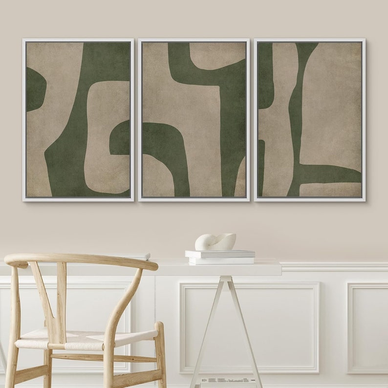 3 Pieces Framed Canvas Wall Art Prints Abstract Beige Green Geometric ...