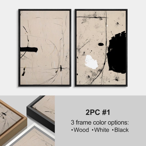 Framed Canvas Wall Art Set of 2 Abstract Black and White Prints