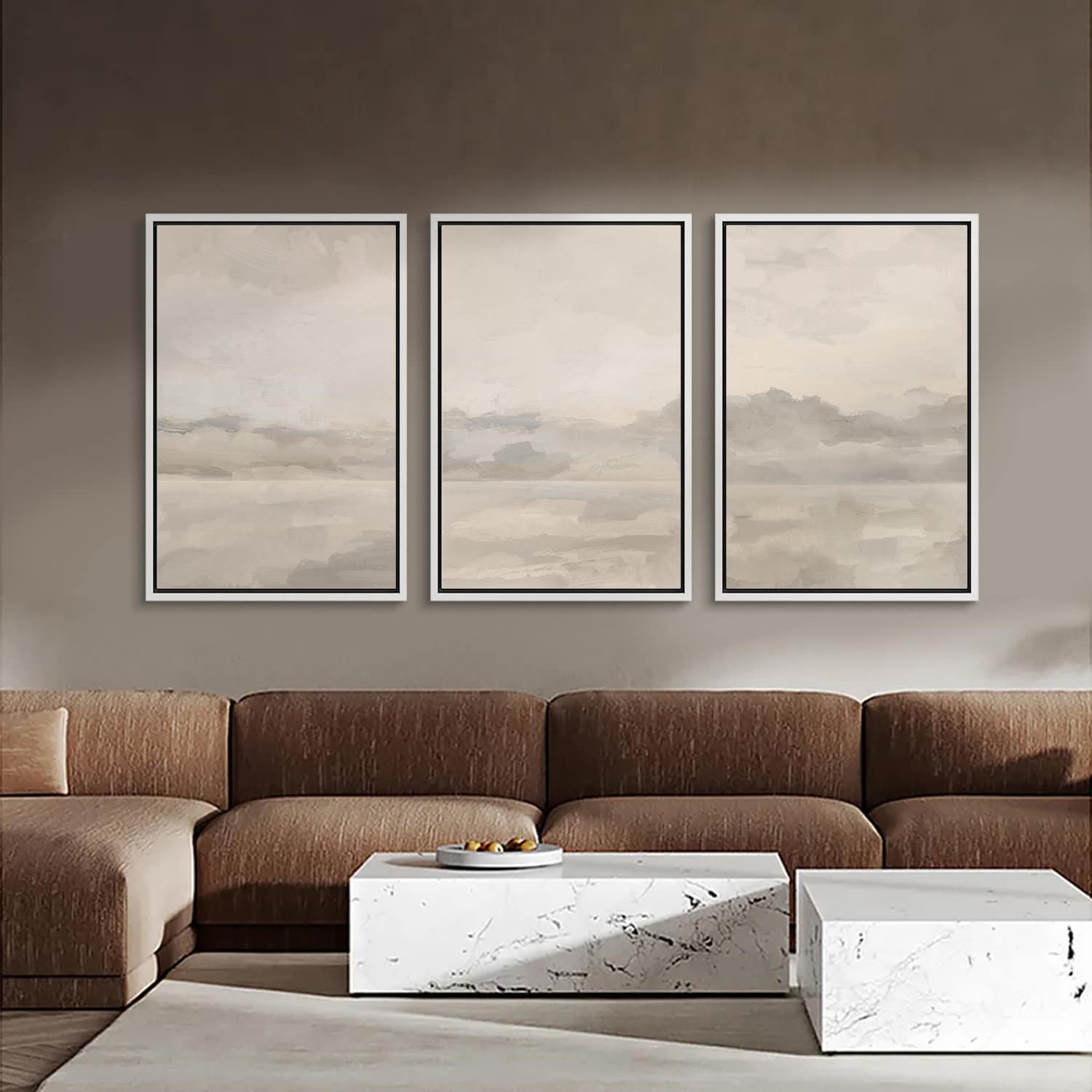 Framed Canvas Wall Art Set of 3 Abstract Beige Gray Art Prints Sky ...
