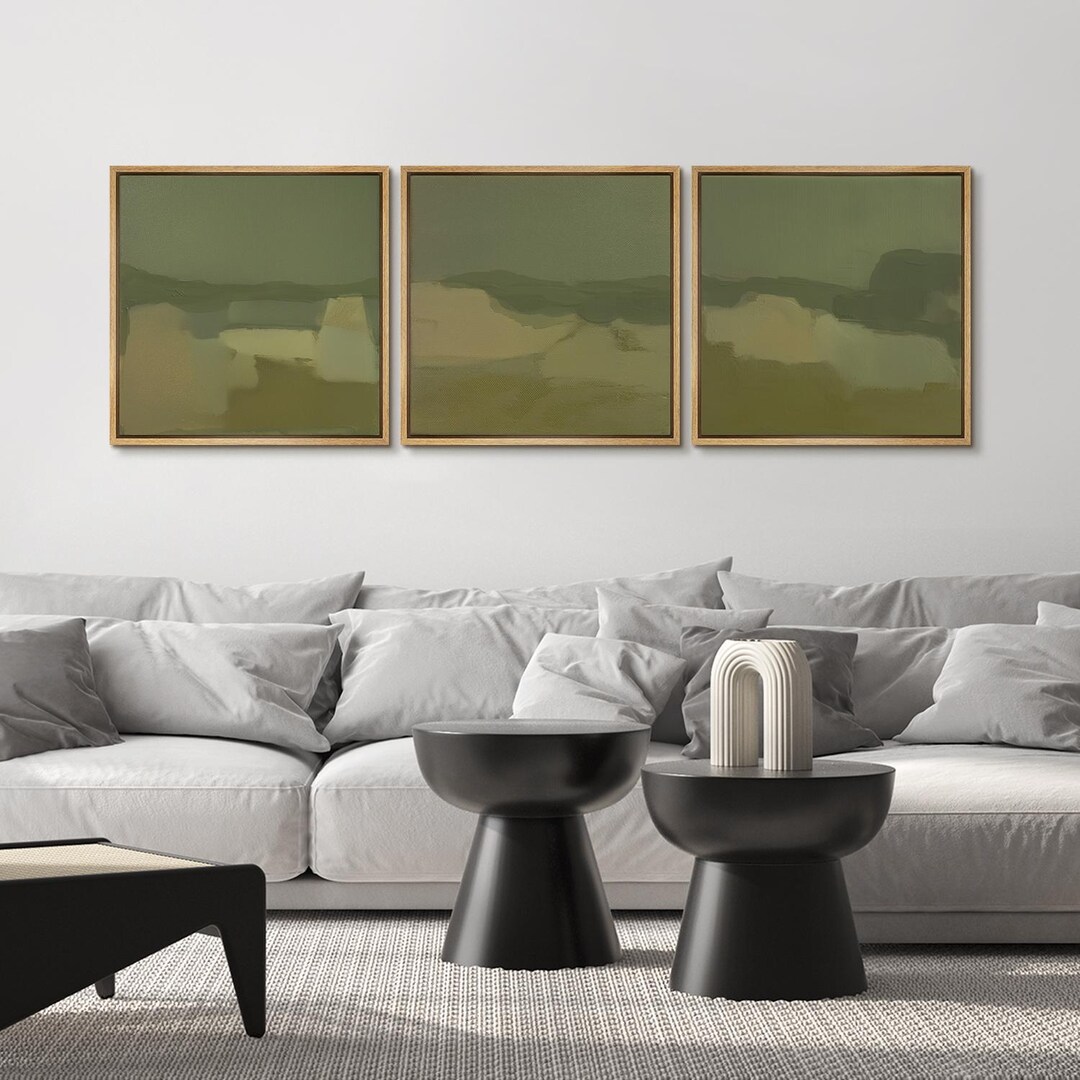Abstract Landscape Wall Art Set of 3 - Framed Olive Green Canvas