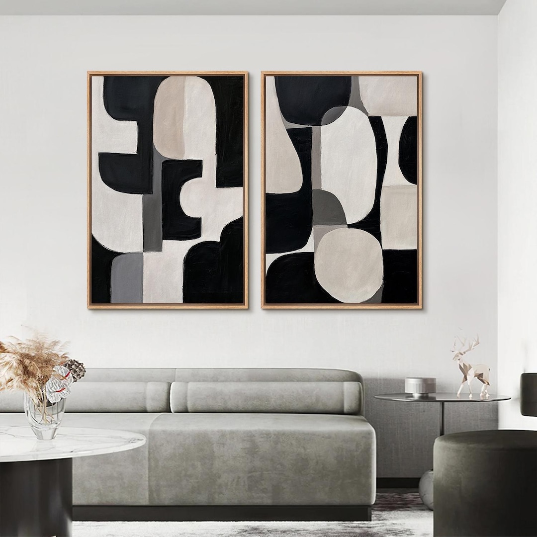 Abstract Black & Beige Wall Art Set of 2, Framed Modern Organic Shape ...