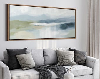 Abstract Blue & Green Landscape Wall Art - Large Framed Canvas Print, Soft Horizon Painting for Modern Coastal or Minimalist Decor