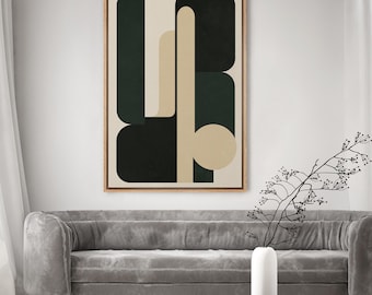 Modern Geometric Abstract Wall Art, Framed Minimalist Black Beige Shape Canvas Print, Mid-Century Artwork for Living Room or Entryway Decor