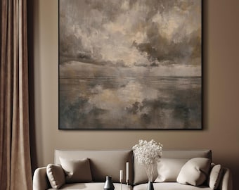 Moody Neutral Seascape - Extra Large Framed Art, Dramatic Cloud Ocean Landscape Print, Modern Coastal Wall Decor for Living Room or Office