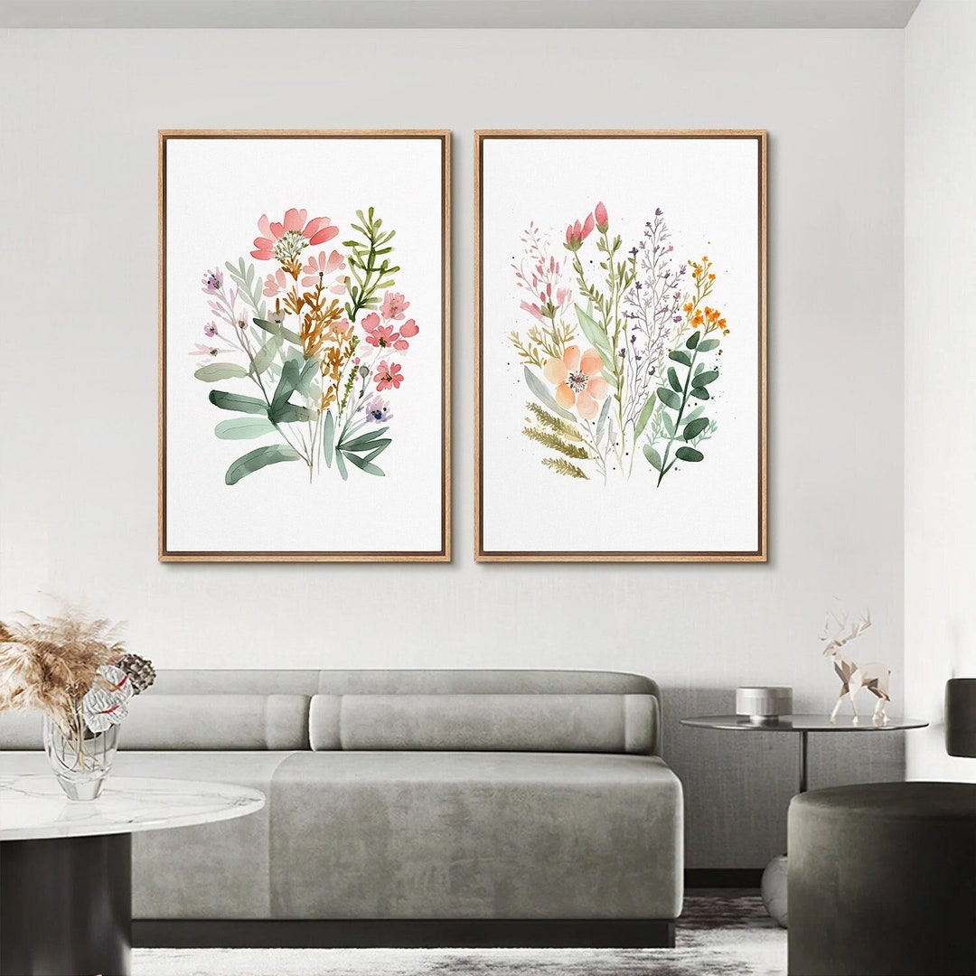 2 Piece Framed Canvas Wall Art Set, Watercolor Wildflower Art, Colorful