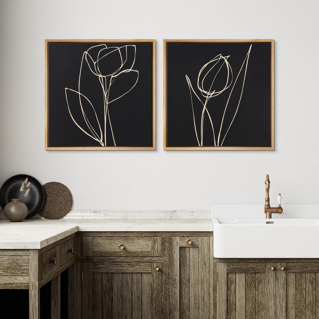Framed Minimalist Tulip Line Art Wall Art Set of 2, Abstract Botanical ...