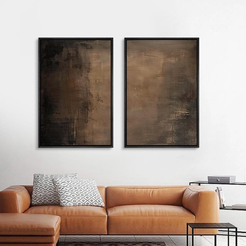 Framed Canvas Wall Art Set of 2, Modern Brown Abstract Print, Neutral ...