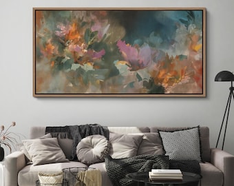 Large Framed Abstract Floral Wall Art, Moody Colorful Flower Canvas Print, Modern Expressive Decor for Living Room Bedroom Office