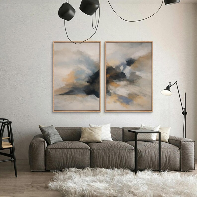 Framed Neutral Abstract Wall Art Set of 2, Moody Minimalist Canvas ...