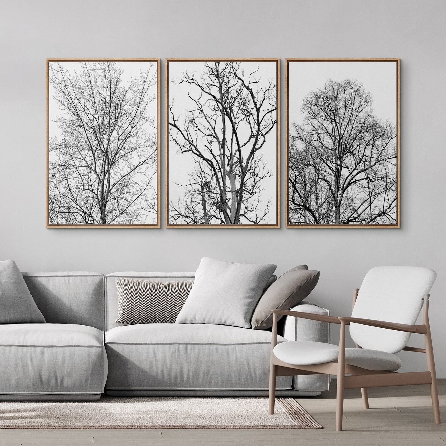Framed Canvas Wall Art Set of 3 Black & White Tree Silhouettes