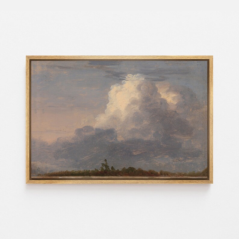 May include: A framed painting depicting a landscape with a large, fluffy white cloud in a blue sky. The cloud is in the center of the image and is surrounded by a lighter blue sky. The bottom of the image shows a dark green line of trees and a light brown field.