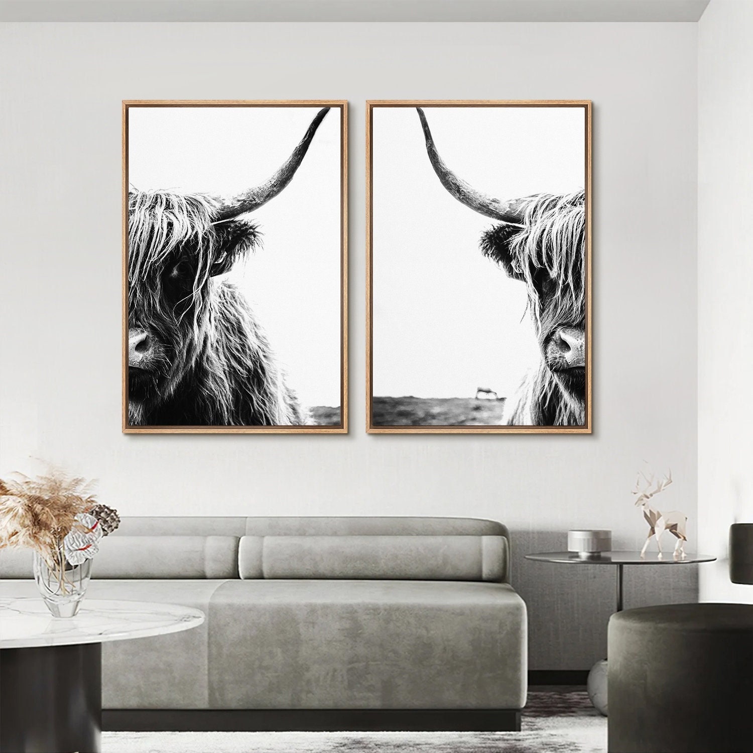 2 Piece Framed Canvas Wall Art Set, Black & White Highland Cow