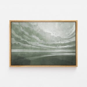 Green Cloudy Sky Landscape Wall Art - Framed Abstract Canvas Print, Minimalist Flying Birds in Soft Tones, Tranquil Zen Living Room Decor