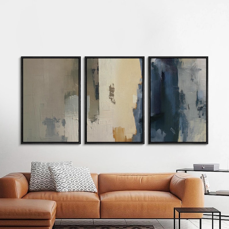 Framed Modern Abstract Wall Art Set of 3, Neutral Blue and Beige Canvas ...
