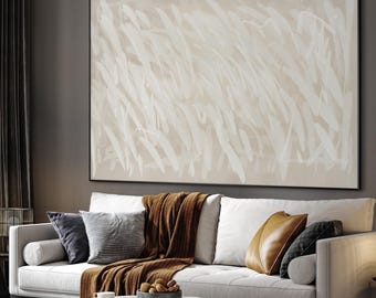 Extra Large Framed Wall Art, Minimalist Abstract Brushstroke Print, Neutral White Beige Modern Decor for Living Room, No Textured