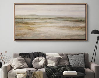 Large Framed Neutral Marsh Landscape Wall Art, Neutral Meadow & Mountain Horizon Canvas Print, Serene Minimal Decor for Living Room