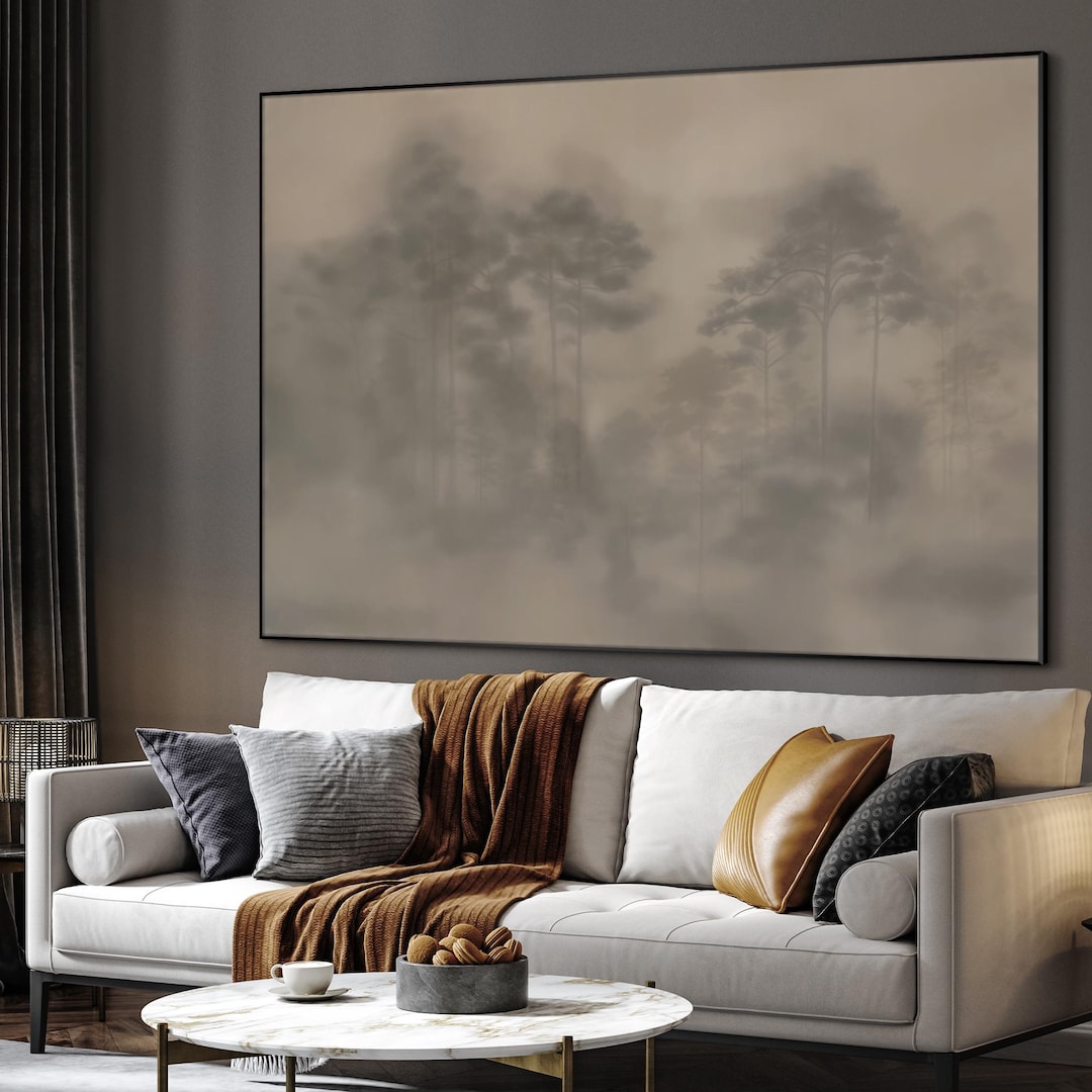 Extra Large Framed Wall Art, Misty Forest Landscape Print, Neutral ...