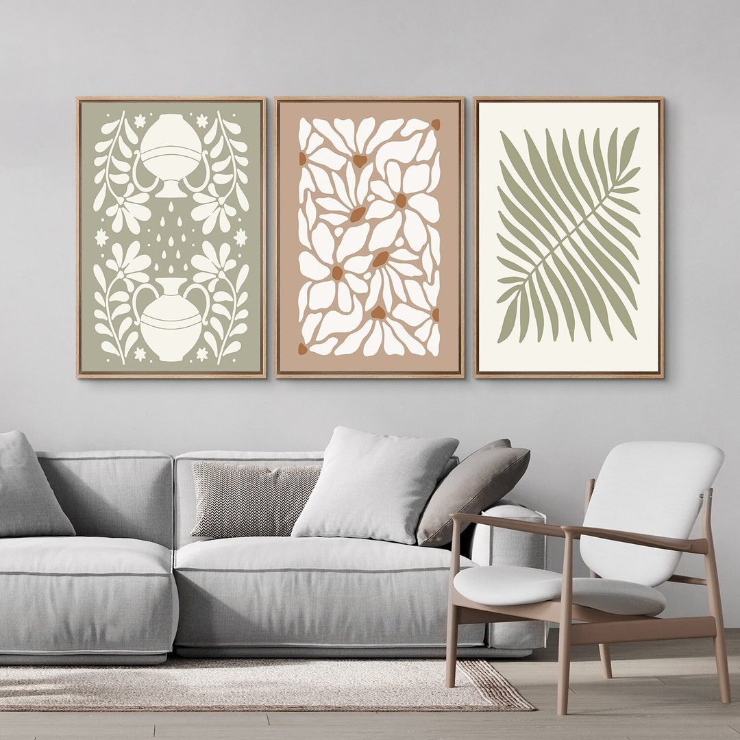 Framed Canvas Wall Art Set, Sage Green Abstract Floral Botanical Prints ...